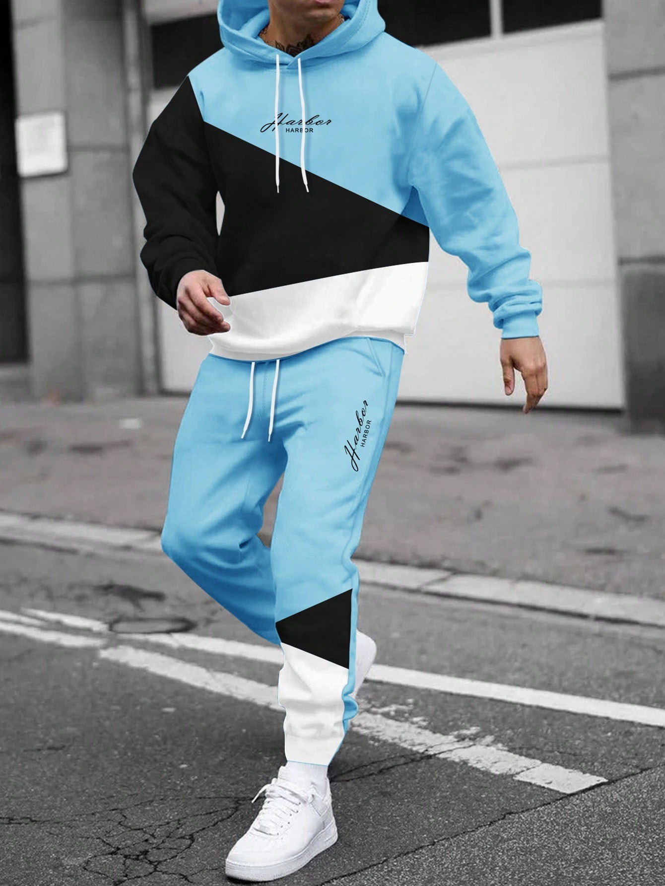 Men Colorblock Drawstring Hoodie & Sweatpants