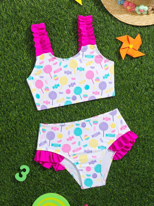 Young Girl Cartoon Candy Printed Ruffled Swimsuit Set