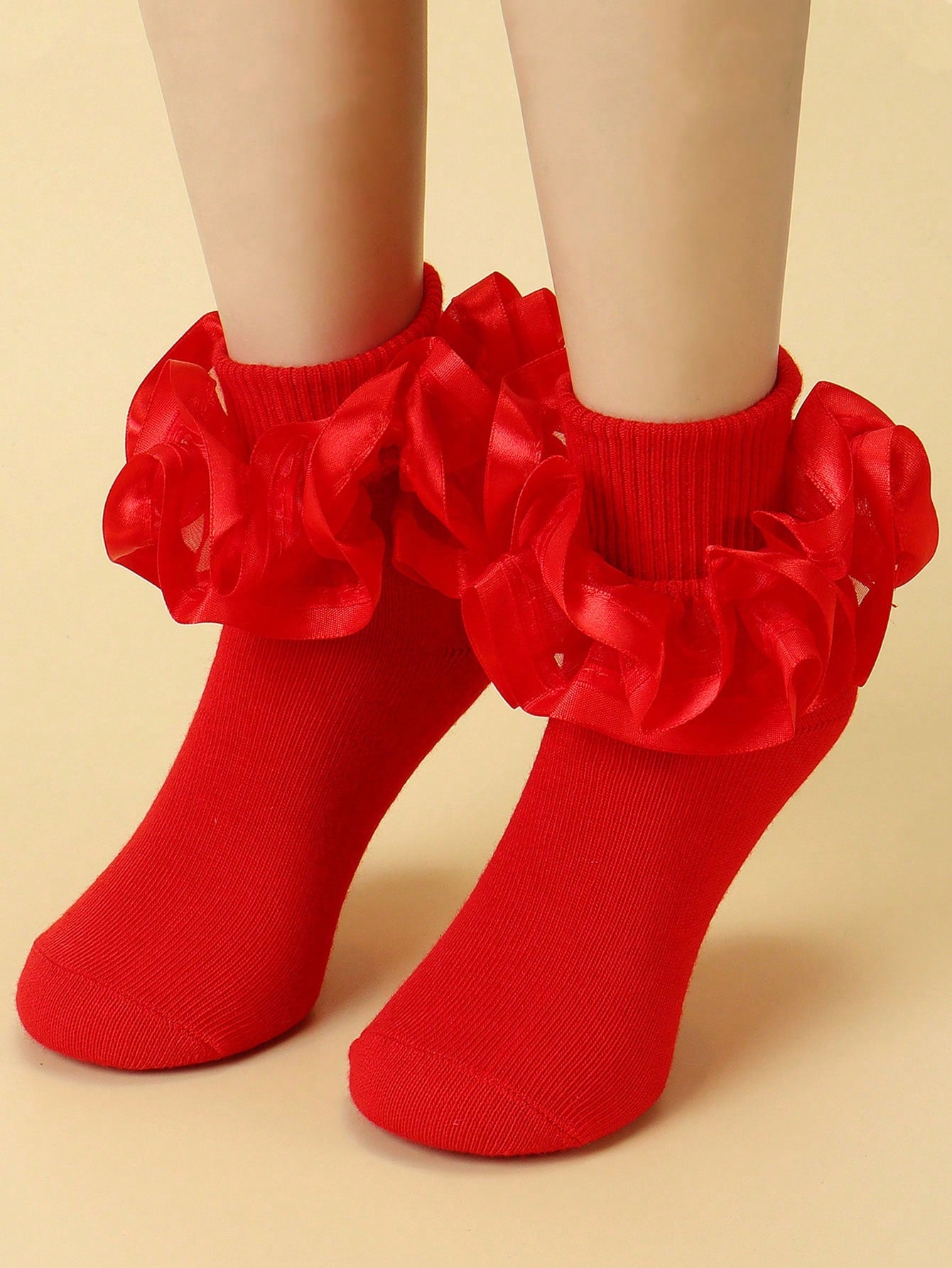 1pair New Style Red Double Layer Lace Trimmed Children Socks With Solid Color Sole