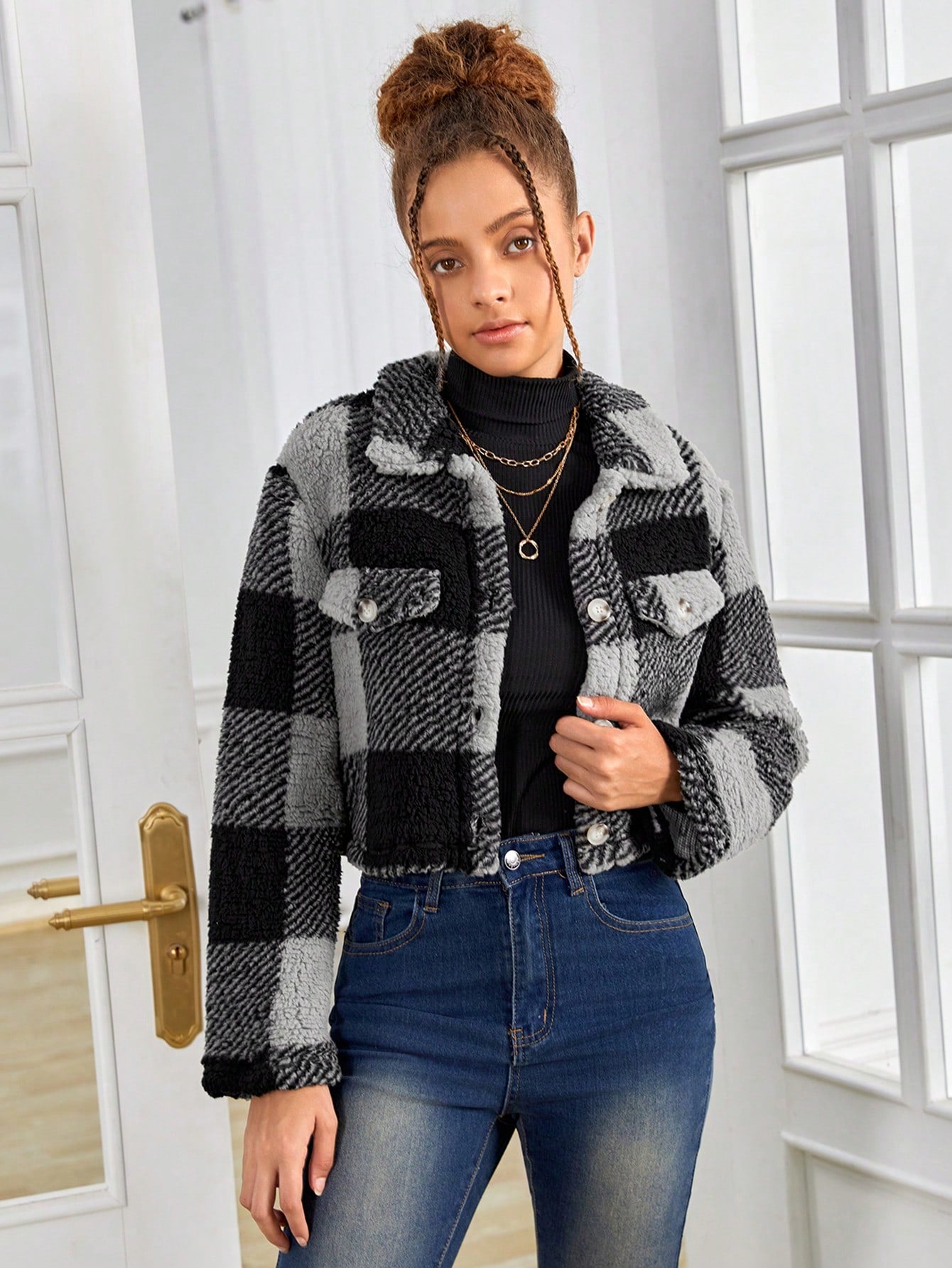 Teen Girl Buffalo Plaid Print Flap Detail Drop Shoulder Teddy Jacket