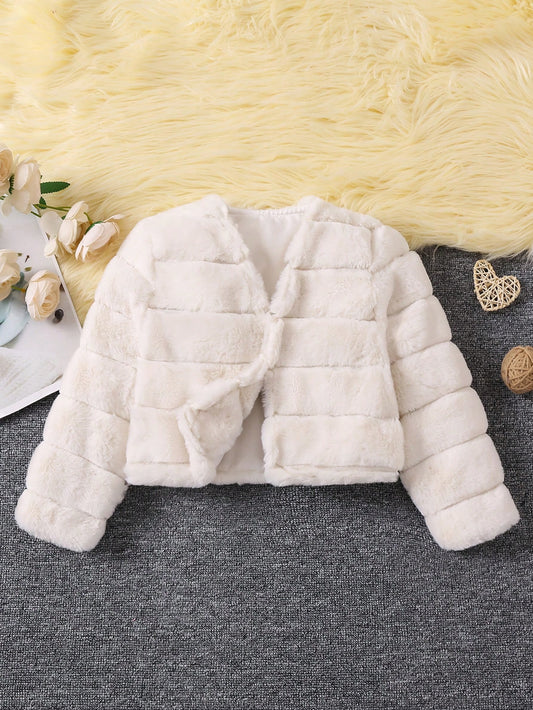 Young Girl White Plush Warm Ladylike Jacket, Casual & Versatile, Suitable For Autumn, Spring And Summer, Comfortable And Cozy, Suitable For 4-7 Year-Old Girls For School, Home, And Gatherings