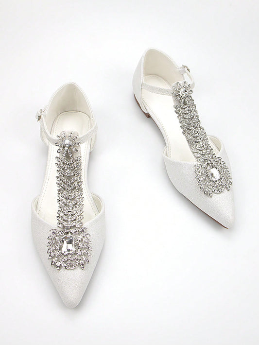 Women's Luxury Rhinestone Chain Decor White Glitter Fabric Pointed Toe Cutout Flat Shoes For Wedding Party