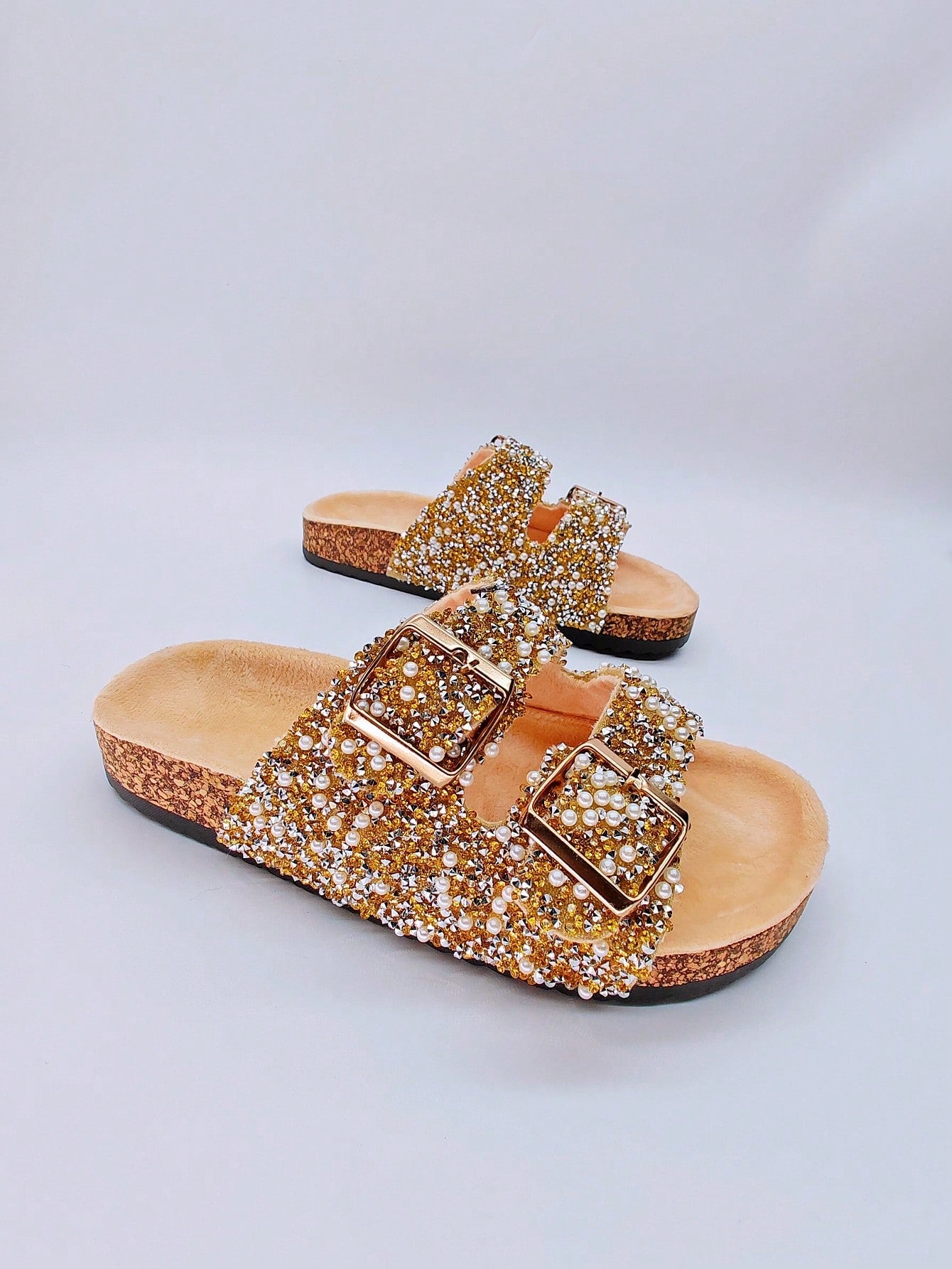 New Arrival Black Glass Diamond Glitter Fluffy Flat Slippers, Slide Sandals With Water-Resistant Buckle, Women's Flat Beach Shoes