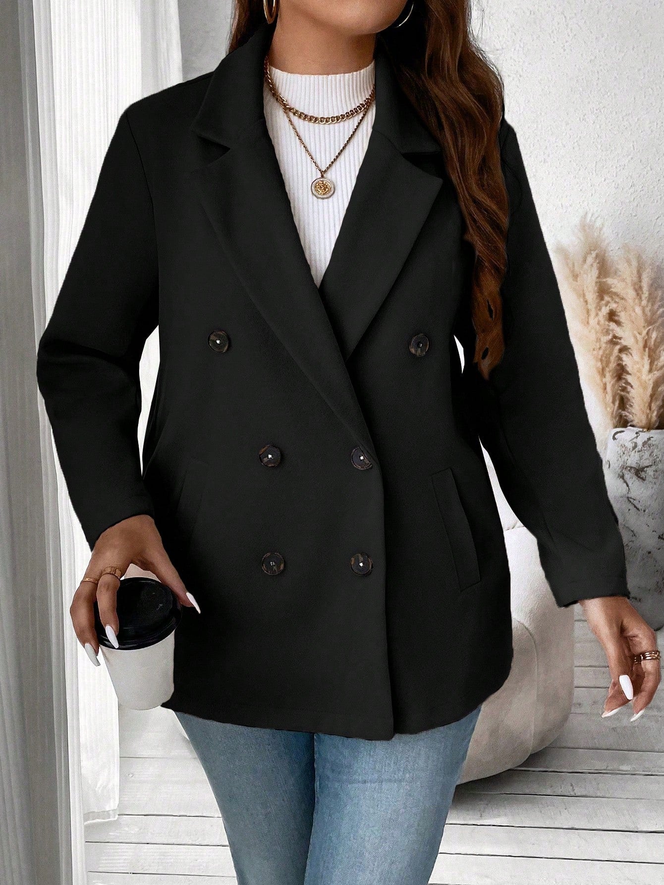 Frenchy Solid Color Double Breasted Classic Wool Coat