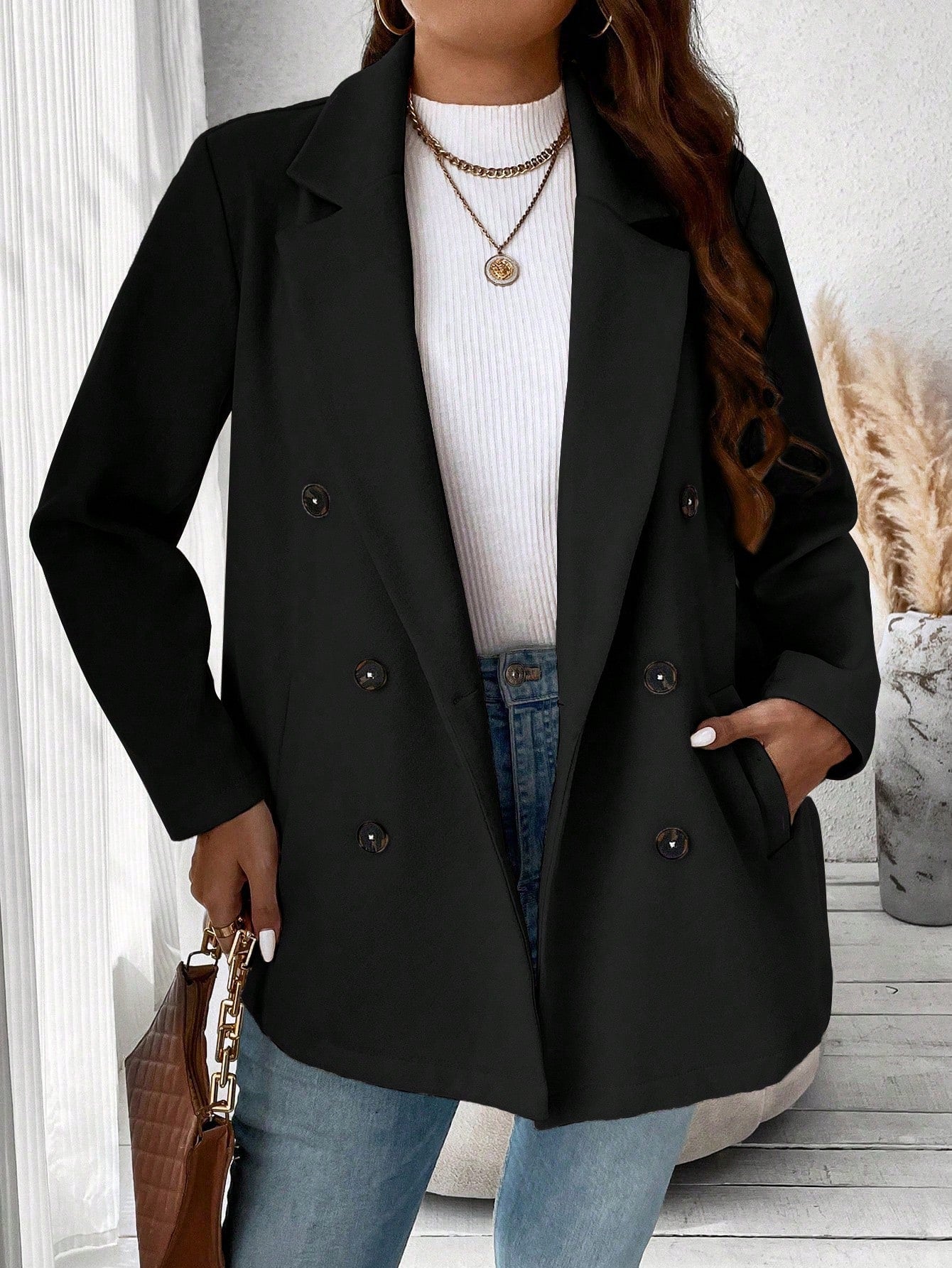 Frenchy Solid Color Double Breasted Classic Wool Coat