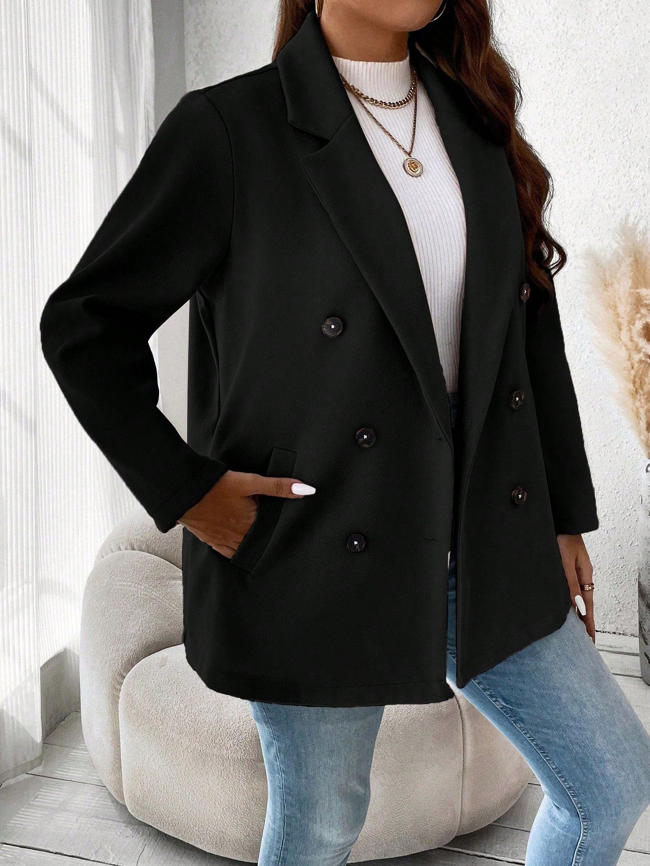 Frenchy Solid Color Double Breasted Classic Wool Coat