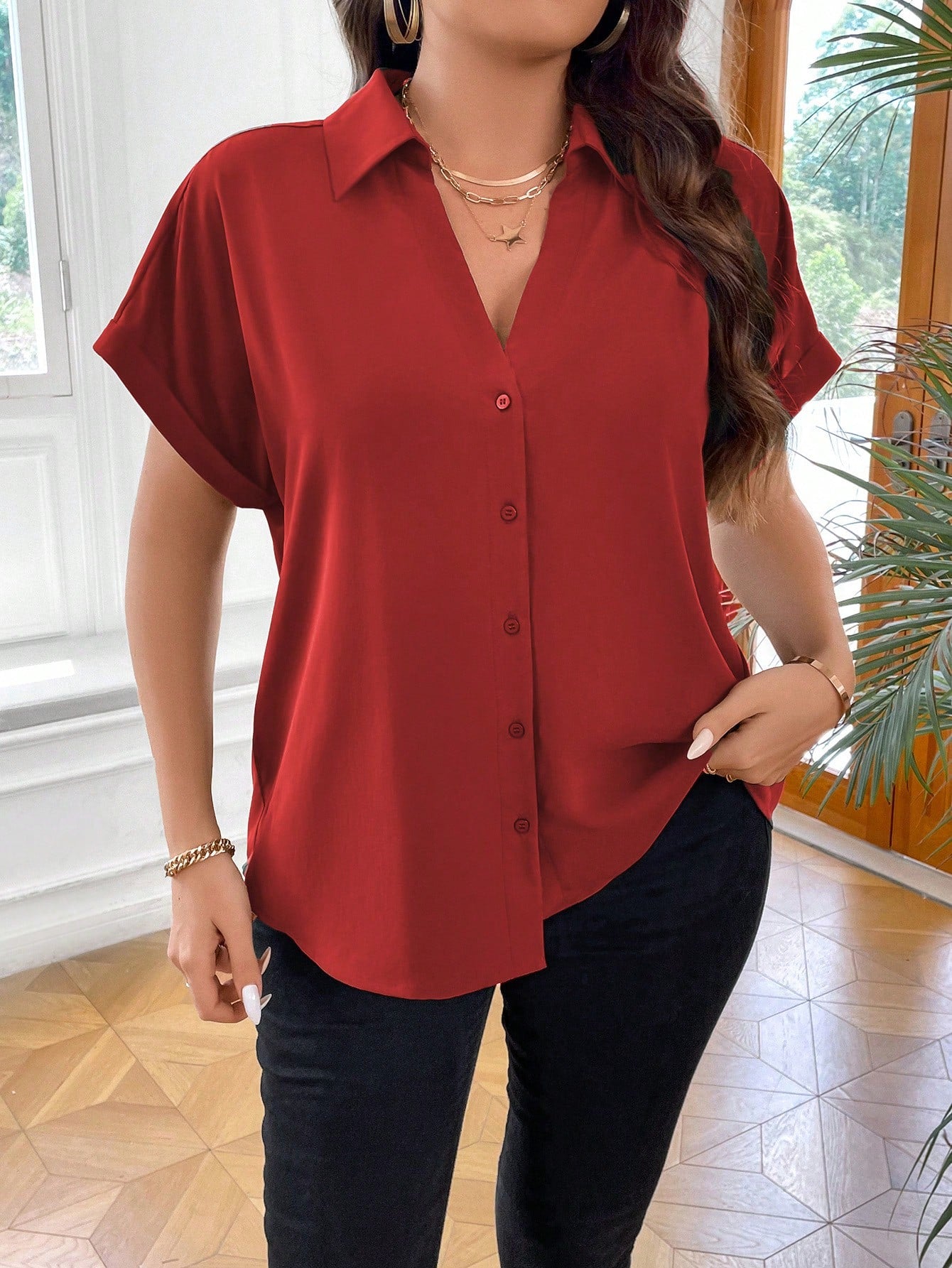 Plus Batwing Sleeve Button Front Shirt