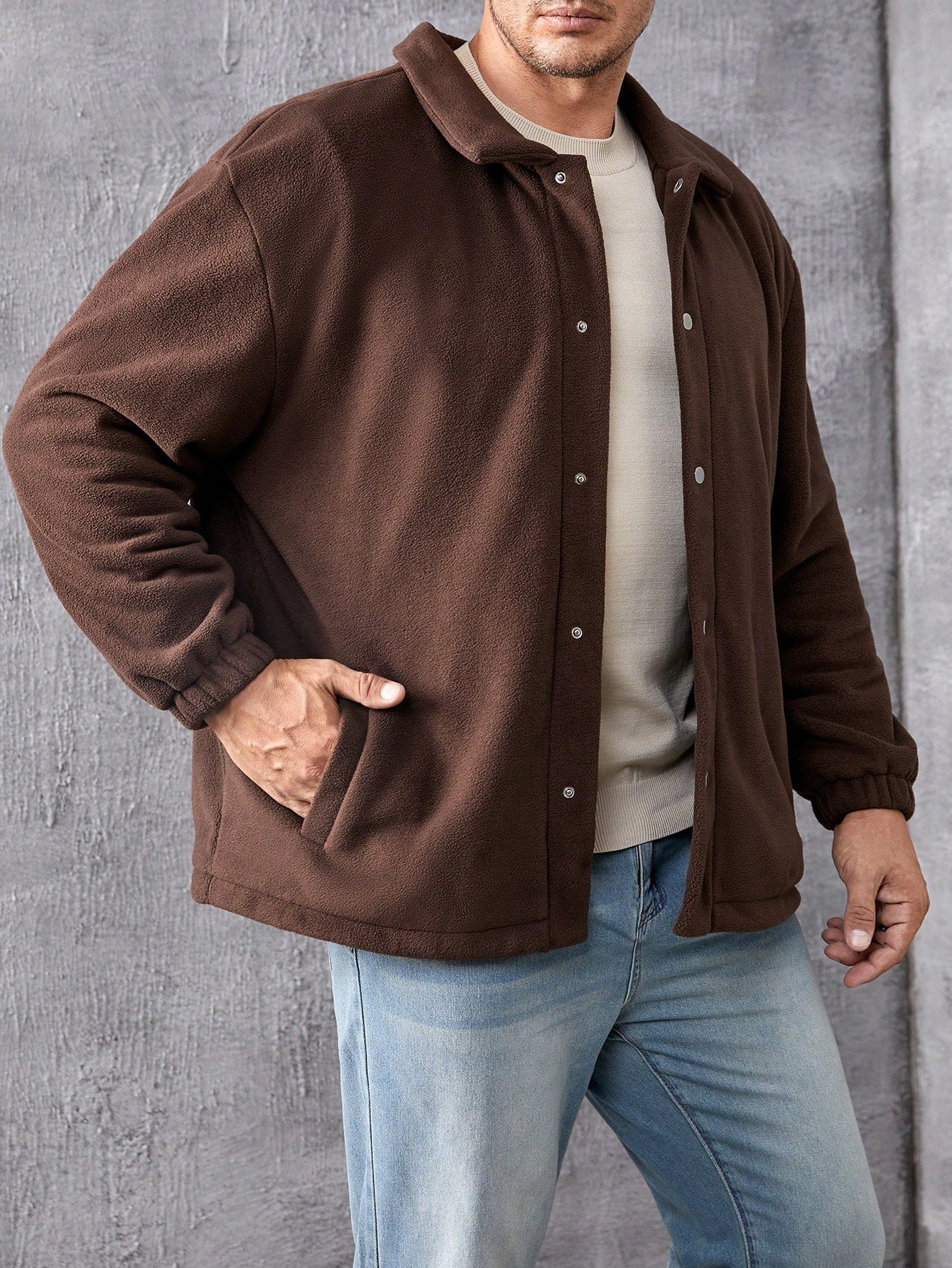 Men's Plus Size Loose Fit Drop Shoulder Fleece Jacket With Slant Pockets