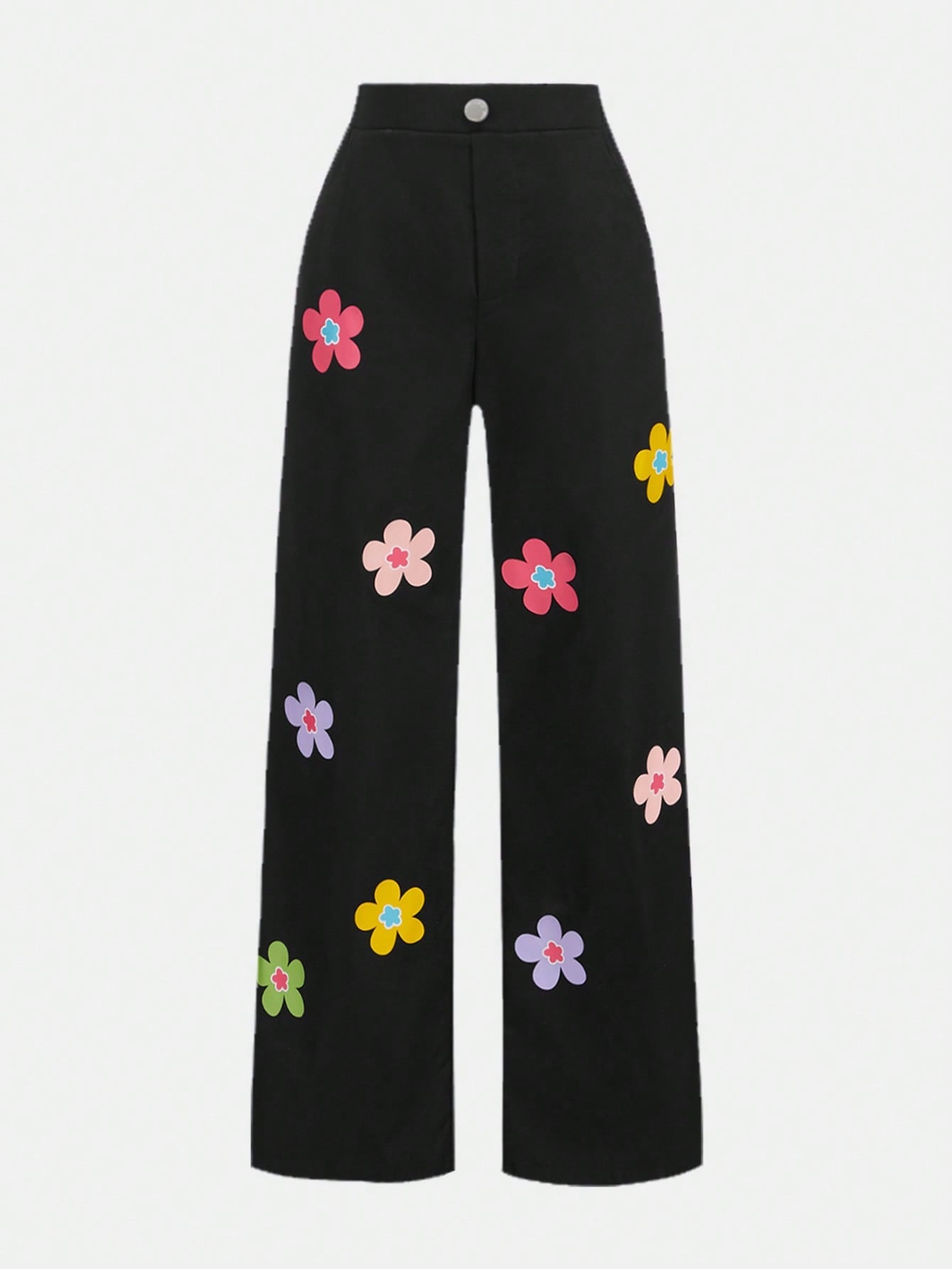 Tween Girl Sporty Casual Loose Straight-Leg Pants With Colorful Flower Pattern, Woven Fabric