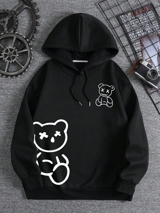 Men Bear Print Drawstring Thermal Lined Hoodie