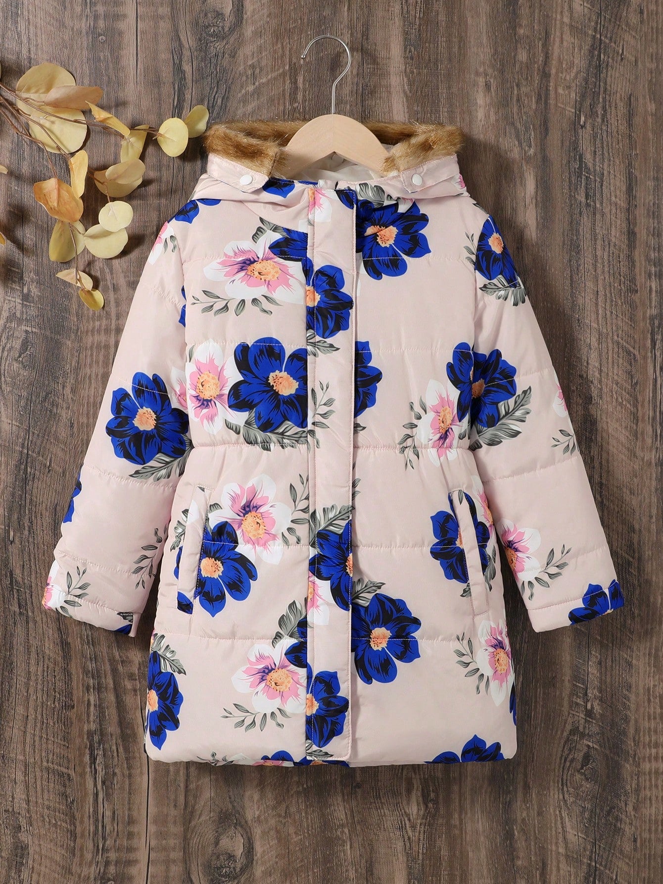 Young Girl Floral Print Hooded Puffer Coat