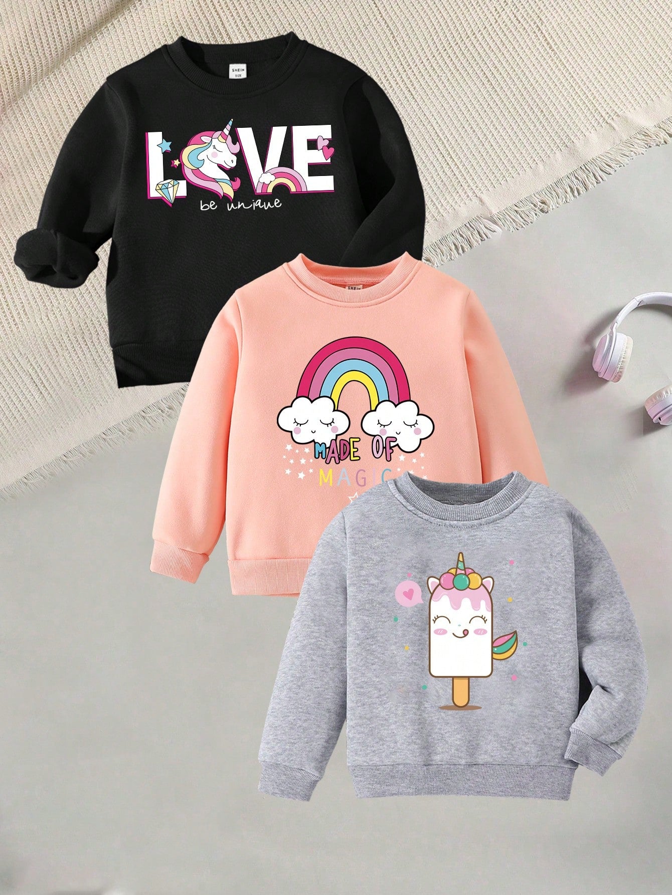 Young Girl 3pcs Cartoon & Letter Graphic Thermal Lined Sweatshirt