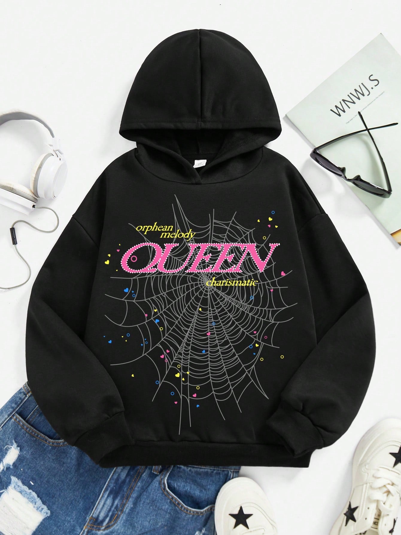 Tween Girl Letter & Spider Web Print Hoodie