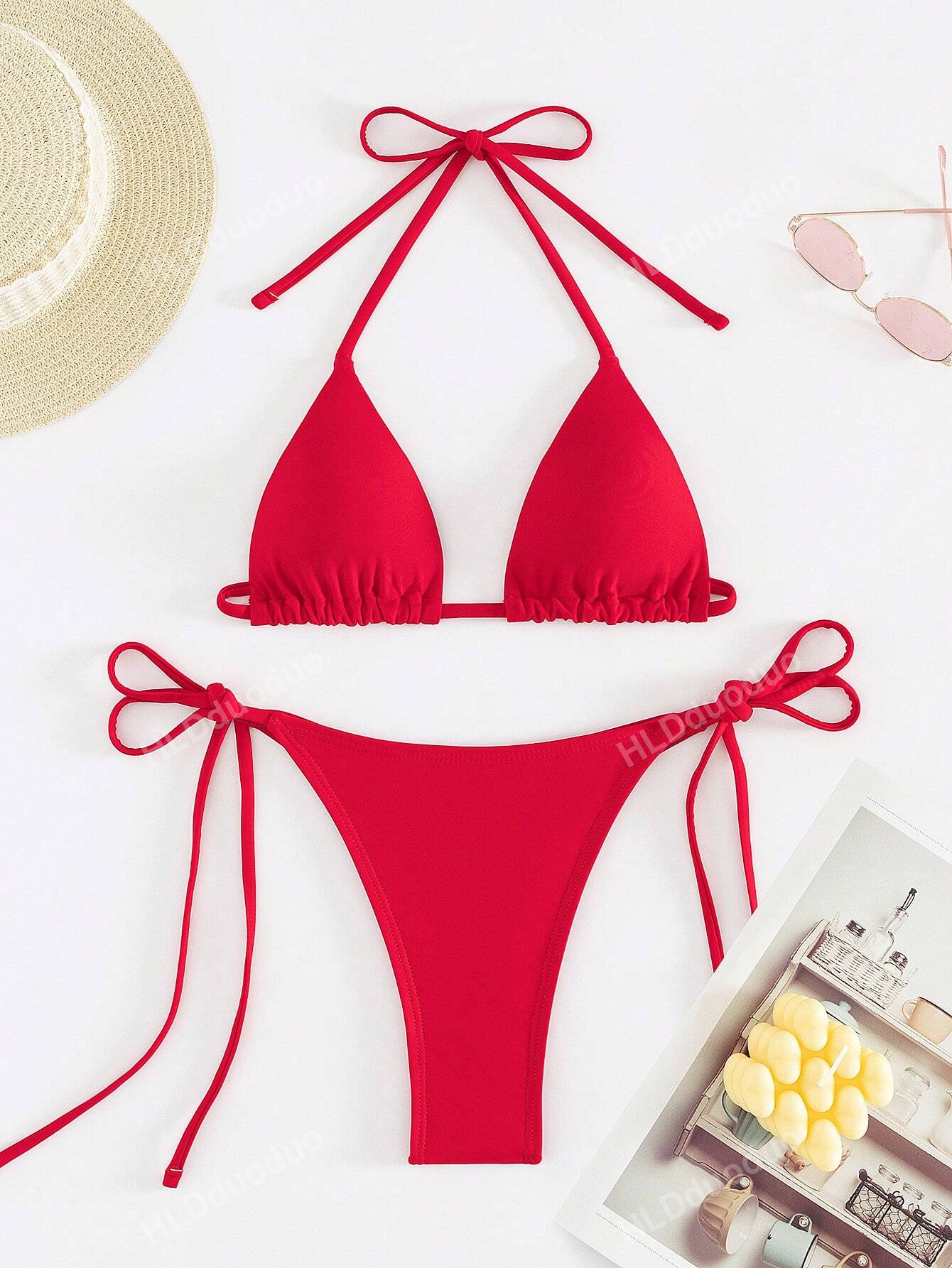 Women's Two-Piece Bikini Set, Sexy Halter Strap Triangle Bikini Set Summer Beach