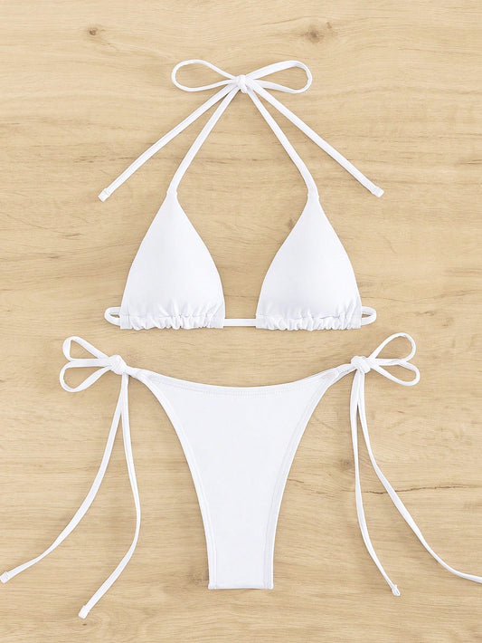 Women's Bikini Set Two-Piece Sexy Halterneck Lace-Up Three-Point Bikini Set Summer Beach