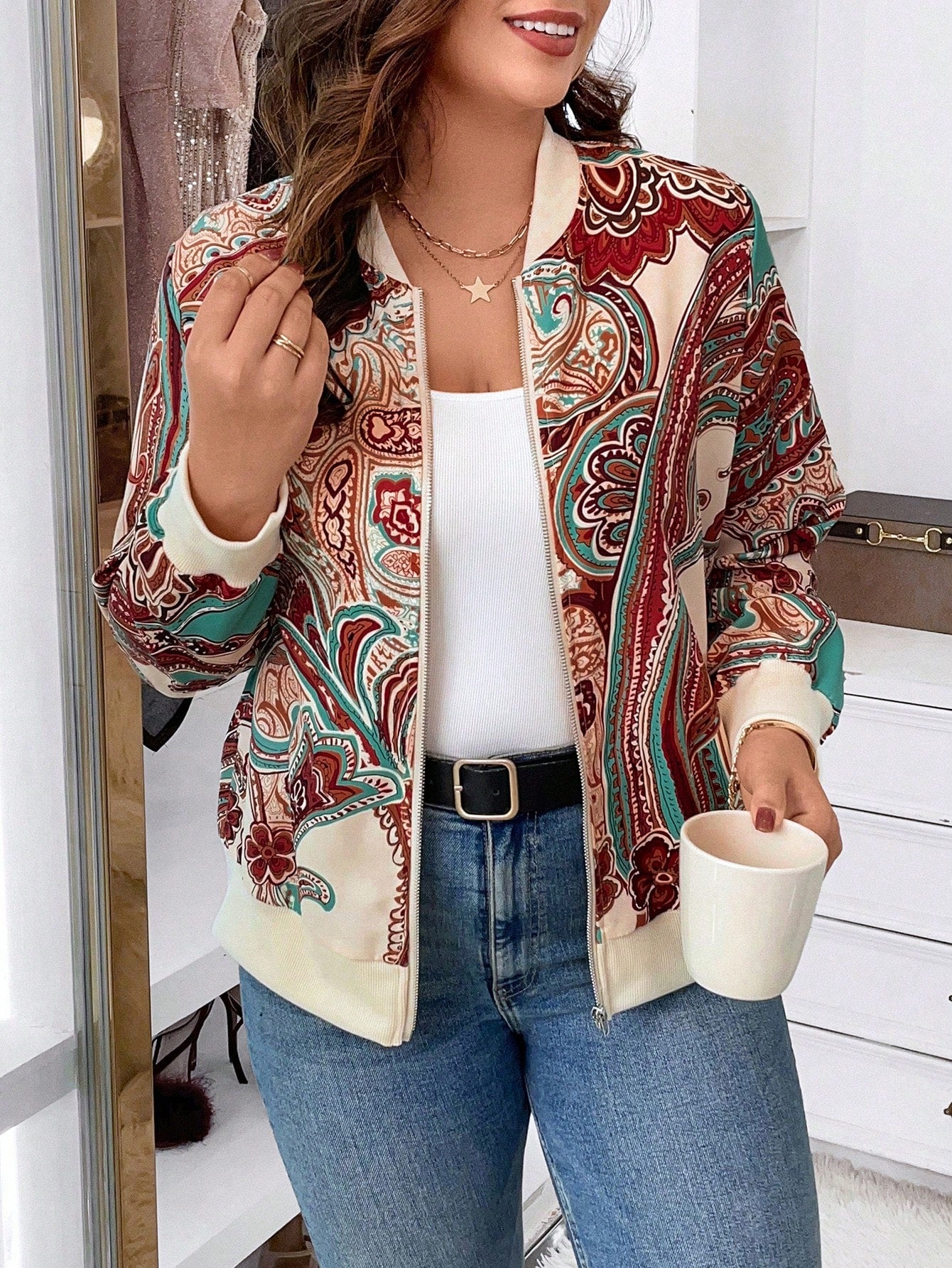 Plus Size Women's Vintage Style Print Basic Daily Long Sleeve Jacket