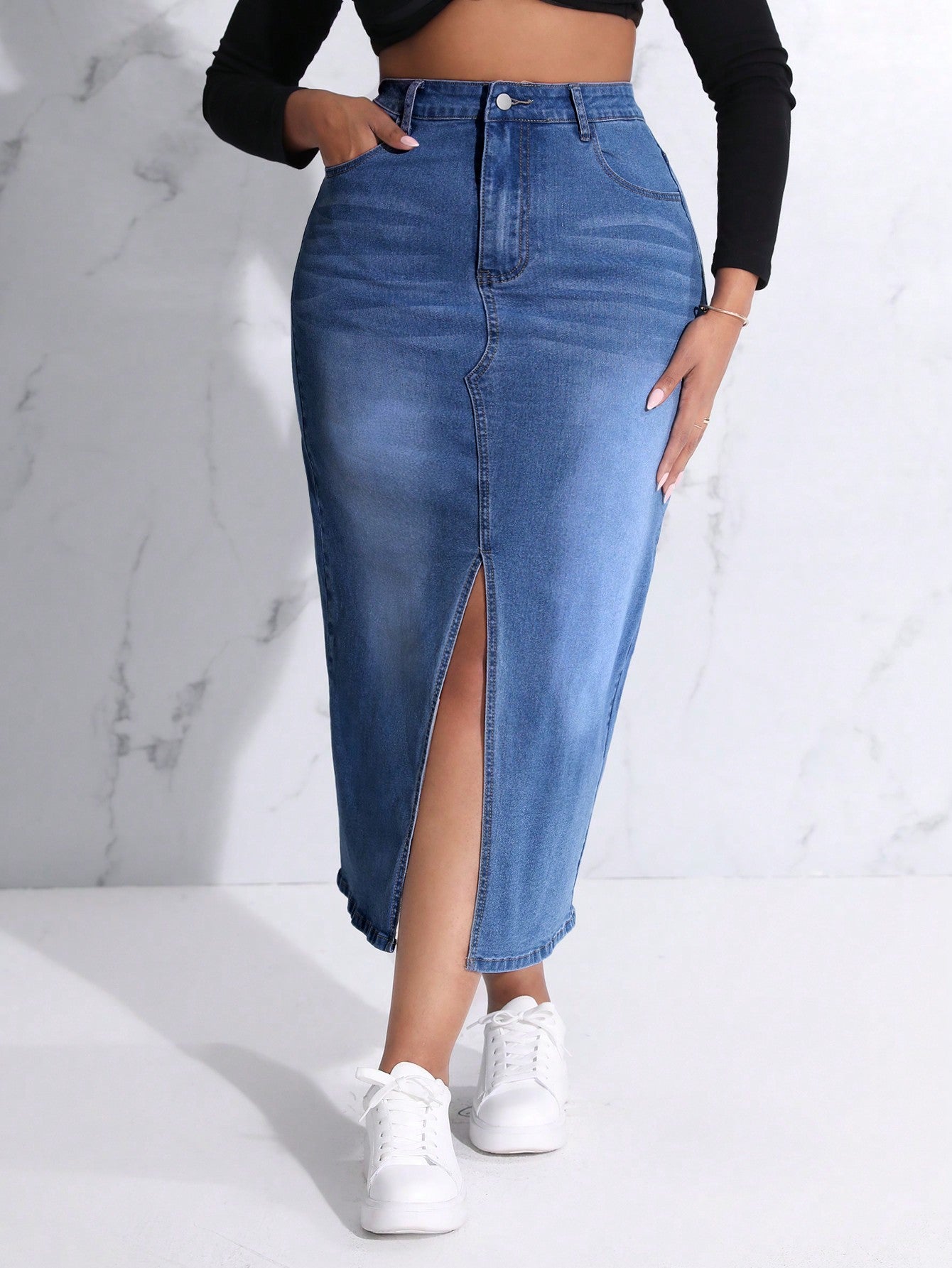 Plus Size Slit Denim Skirt