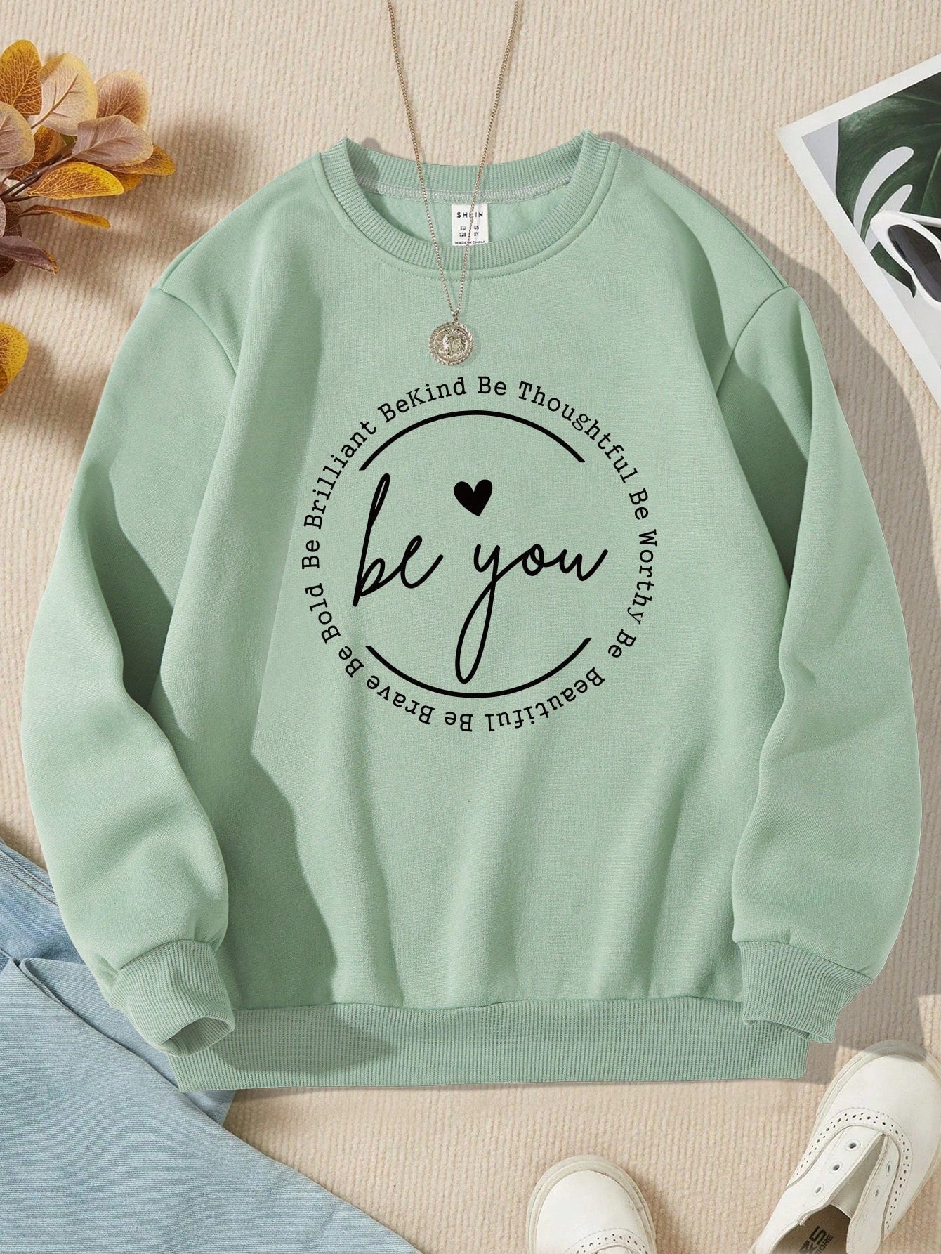 Tween Girl Heart & Slogan Graphic Thermal Lined Sweatshirt