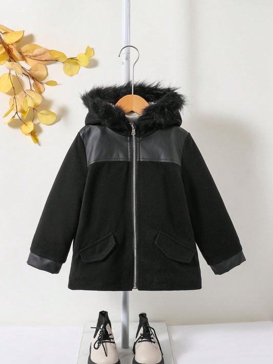 Young Girl Fuzzy Trim Hooded Overcoat