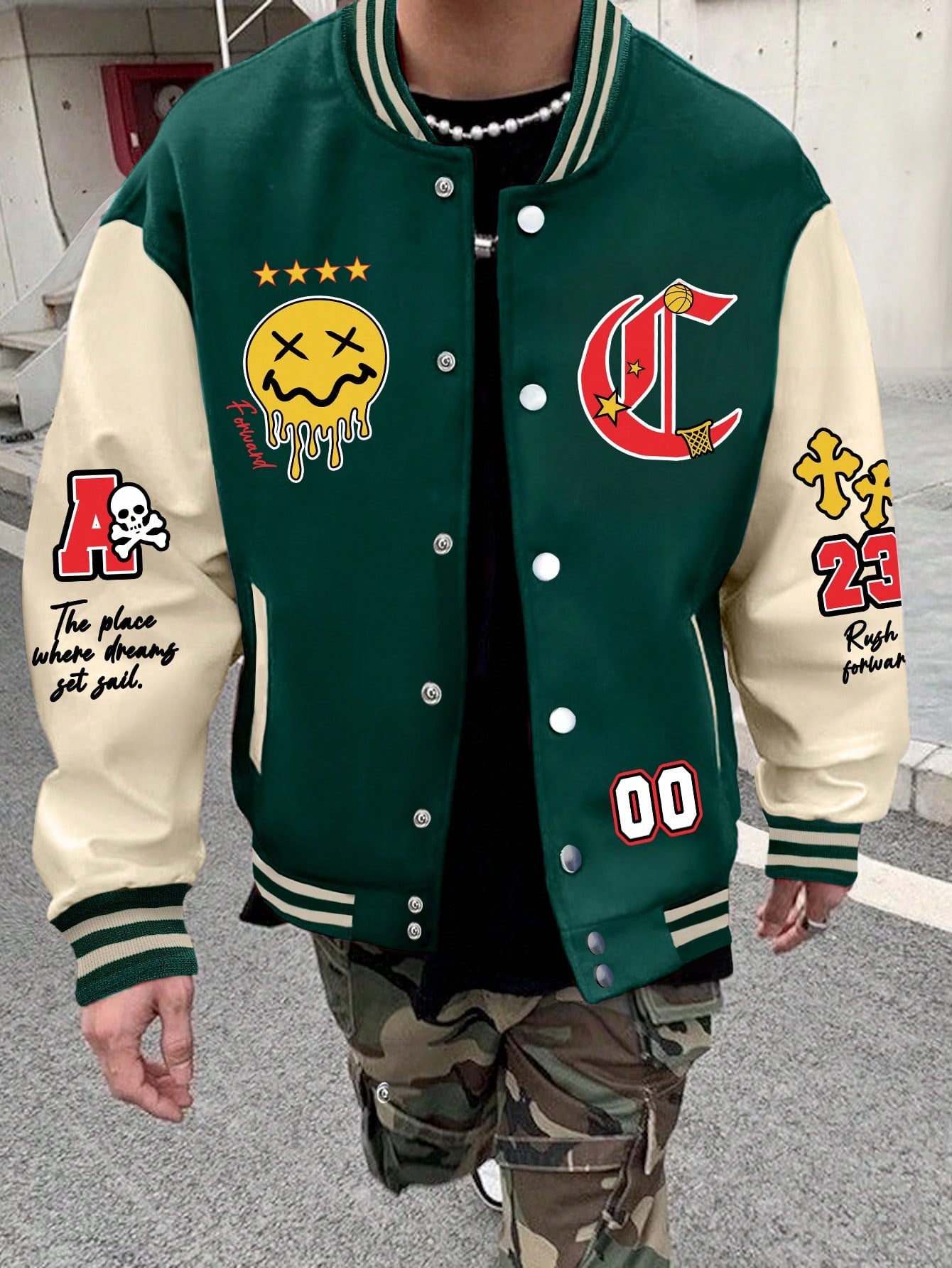 Oversized Men's Cartoon & Letter Graphic Striped Trim Color Block Varsity Jacket