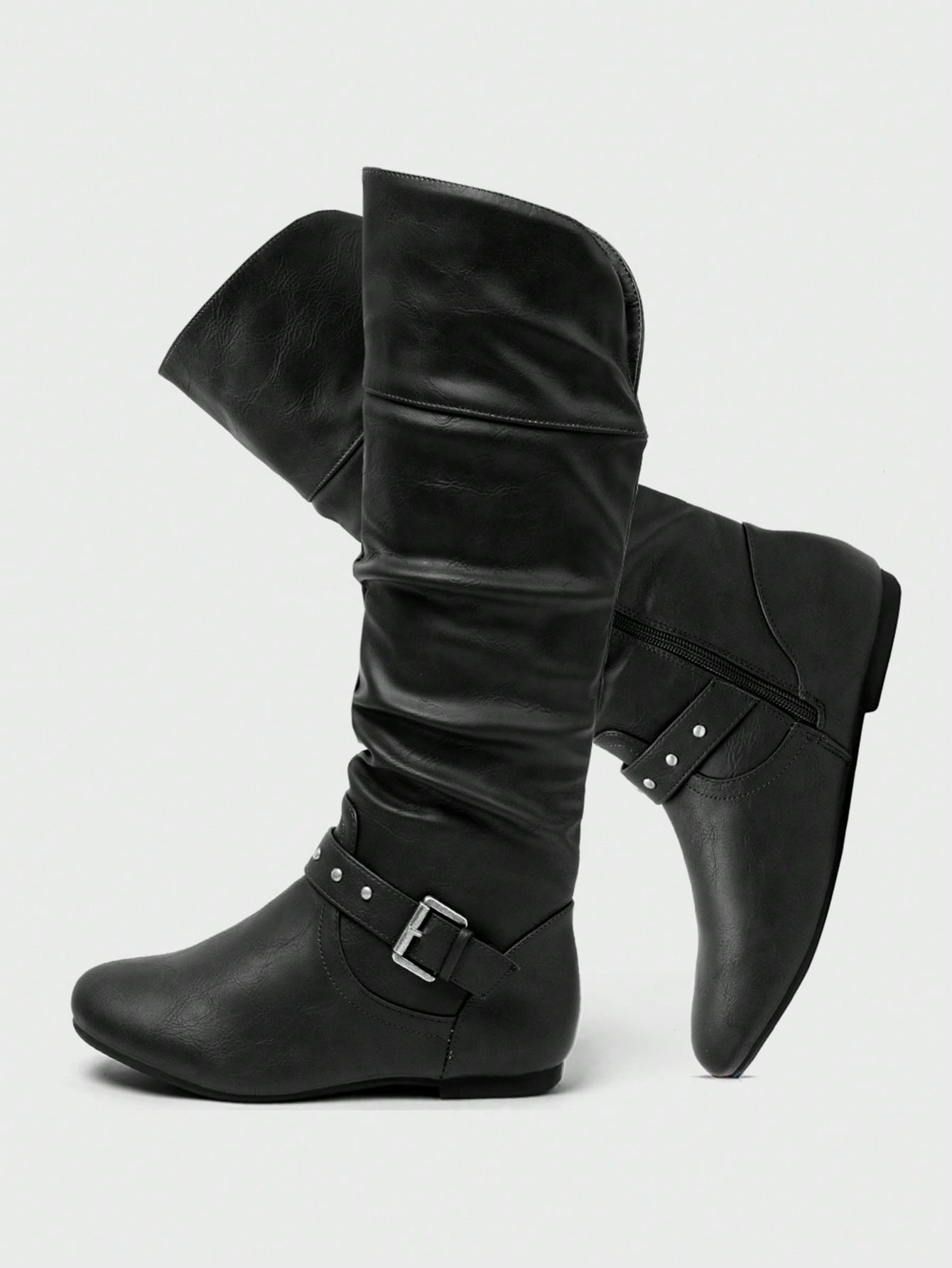 Women's Slouchy Mid Calf Boots Zip Up Flat Boots With Buckle