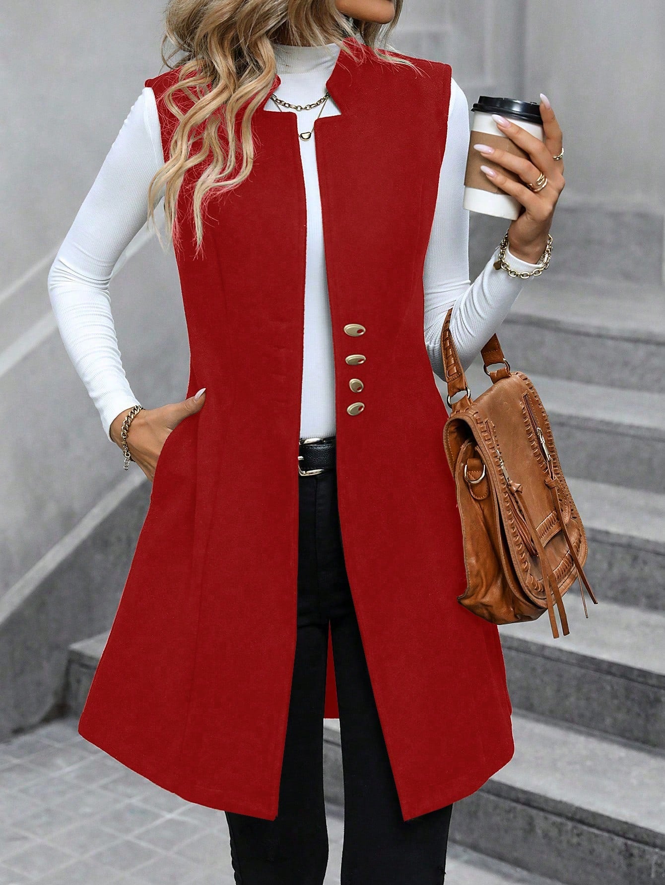 Solid Button Front Vest Overcoat