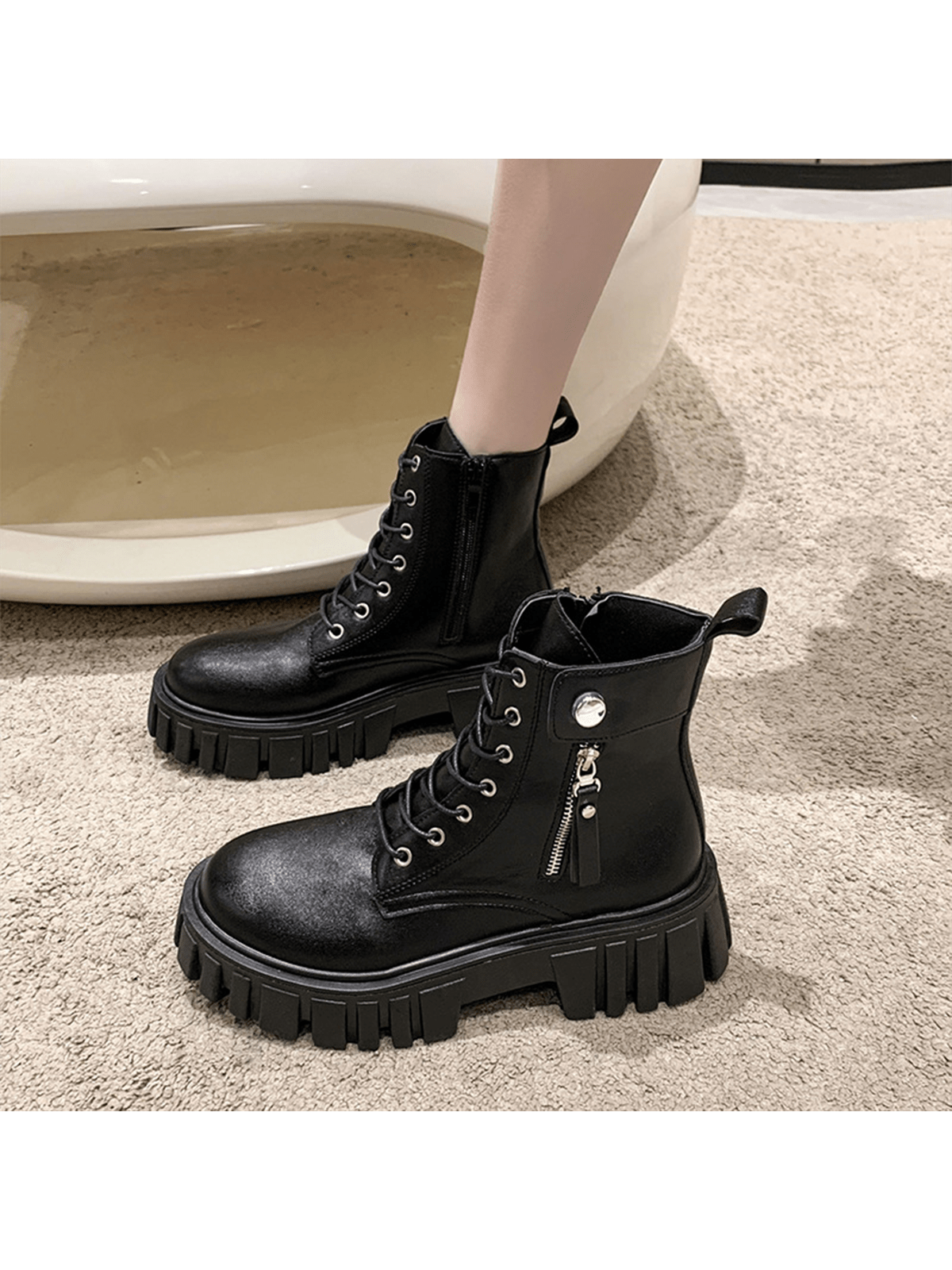 Women's Fashion Boots  Side Zip Round Toe Boots Lace Up Combat Boots