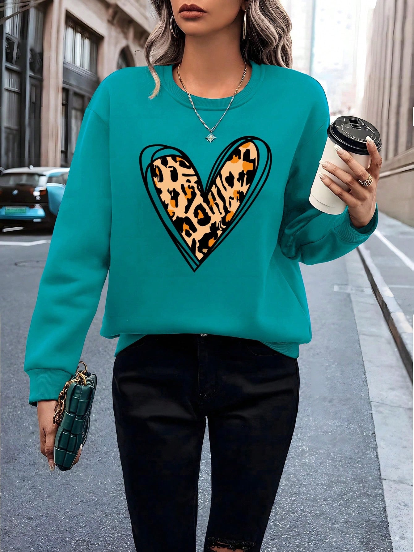 Heart And Leopard Print Thermal Lined Sweatshirt