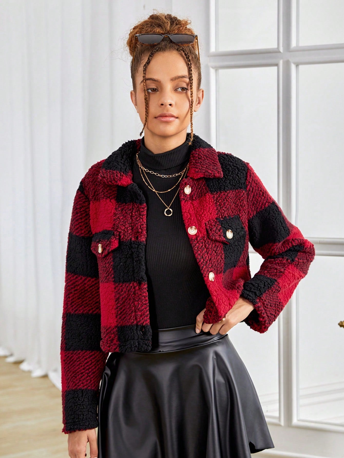 Teen Girl Buffalo Plaid Print Flap Detail Drop Shoulder Teddy Jacket