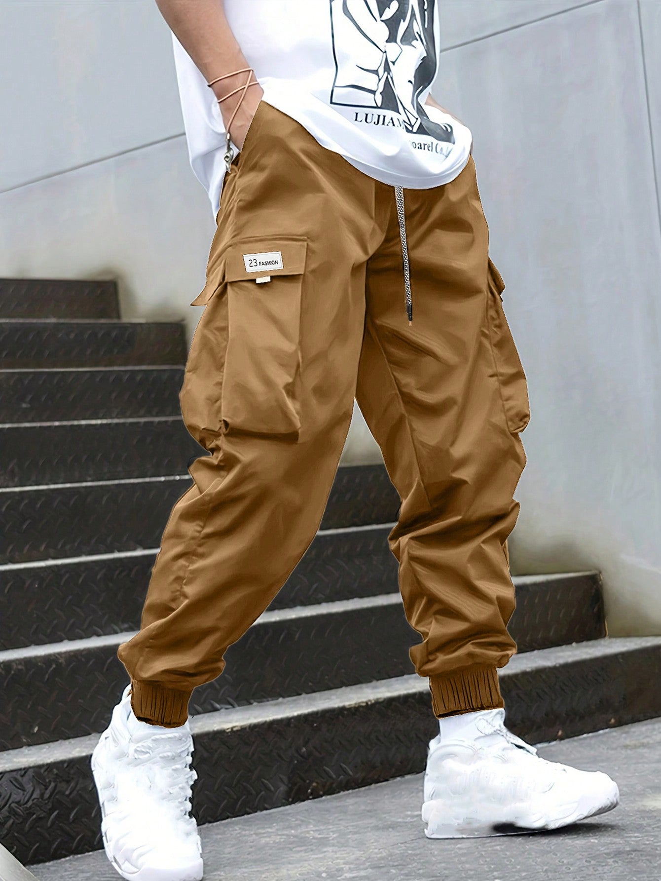 Men Plus Letter Patched Detail Flap Pocket Drawstring Waist Cargo Pants