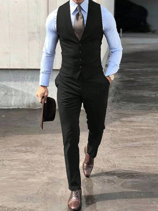 Men Adjustable Strap Back Button Up Waistcoat & Suit Pants Without Shirt