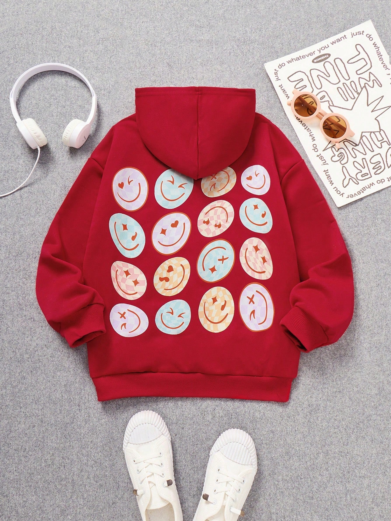 Tween Girl Knit Face Print Loose Fit Casual Sweatshirt With Round Neck