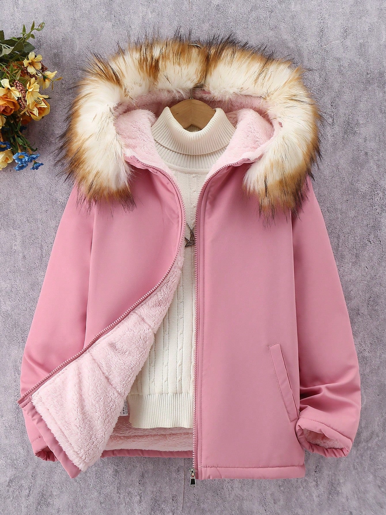 Tween Girl Fuzzy Trim Hooded Thermal Lined Winter Coat Without Sweater