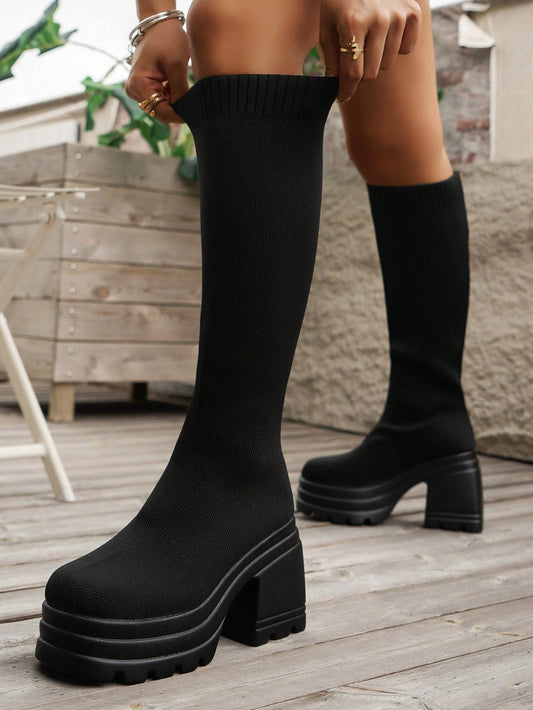 New Arrival Women's Casual Knit High Heel Platform Over-the-knee Boots With Elastic Band