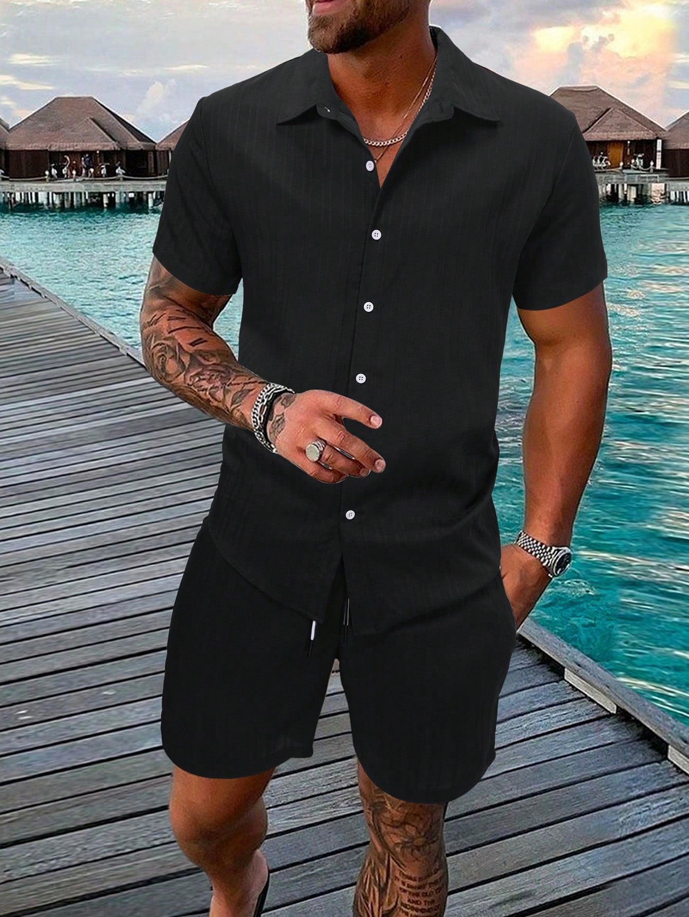 Men Solid Shirt & Drawstring Waist Shorts