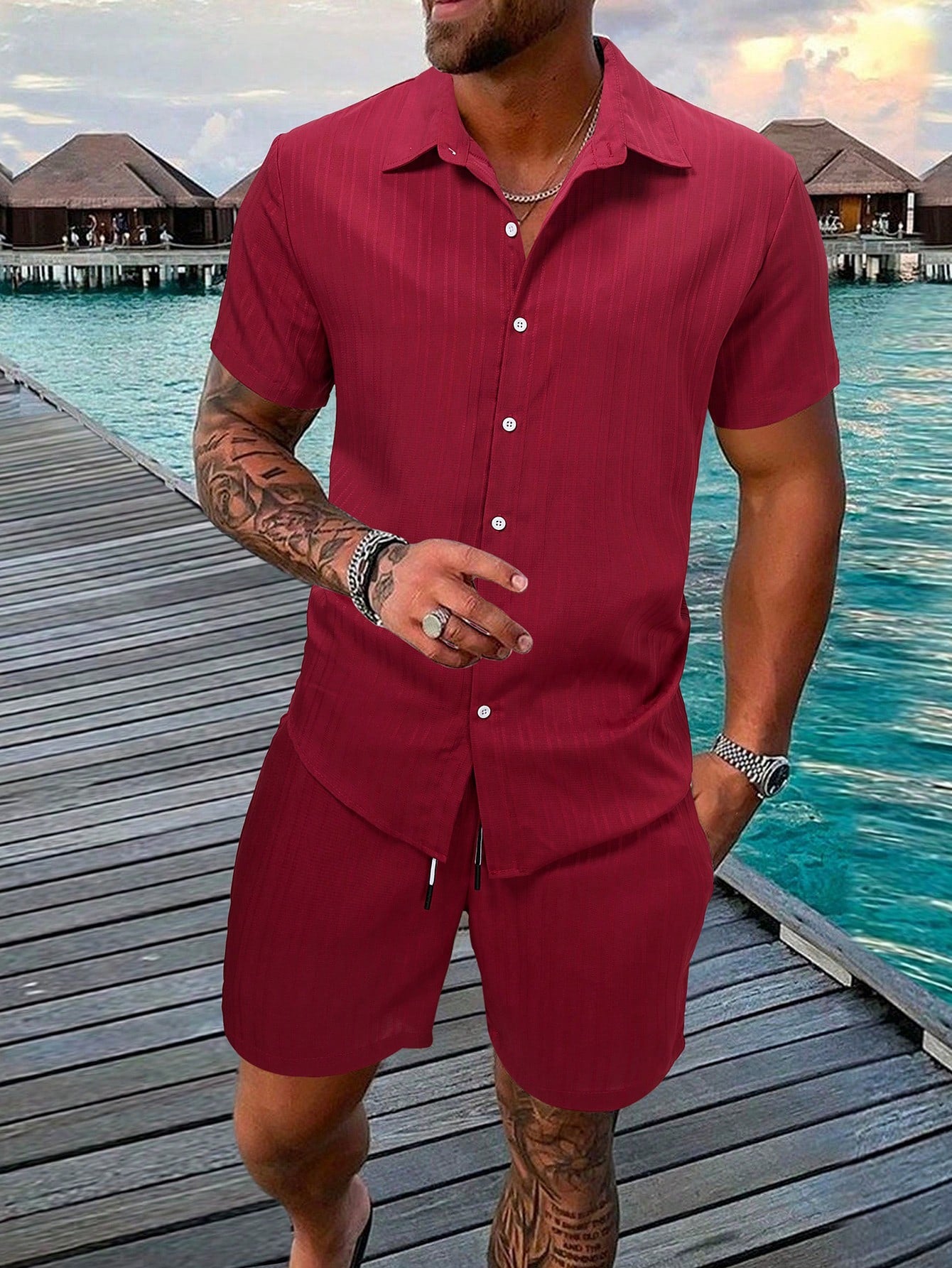 Men Solid Shirt & Drawstring Waist Shorts Without Tee