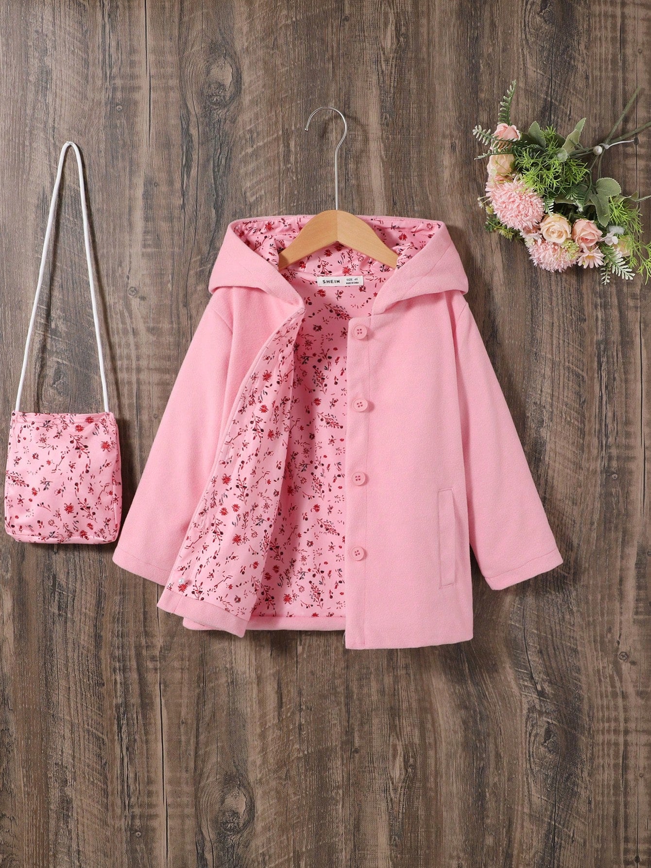 Young Girl Slant Pocket Hooded Overcoat & Bag