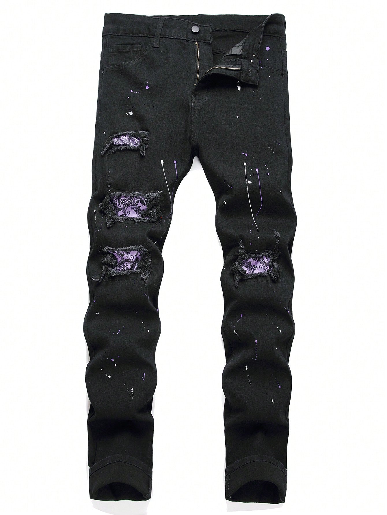 Men Cotton Splash Ink Ripped Slim Jeans