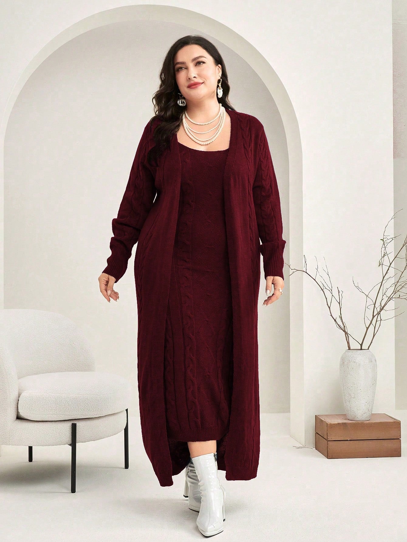 Modely Plus Cable Knit Cami Sweater Dress & Cardigan