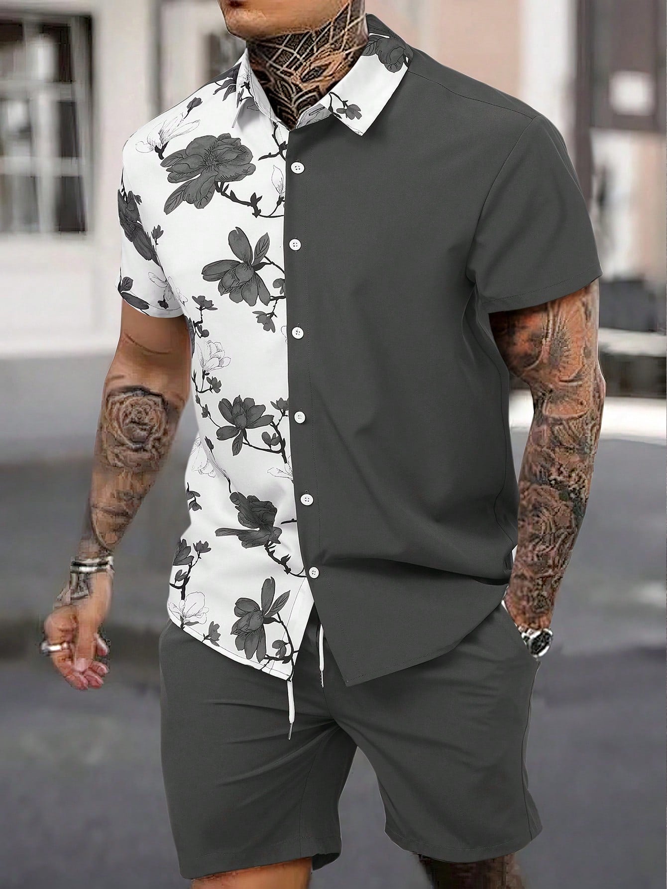 Men Floral Print Shirt & Drawstring Waist Shorts