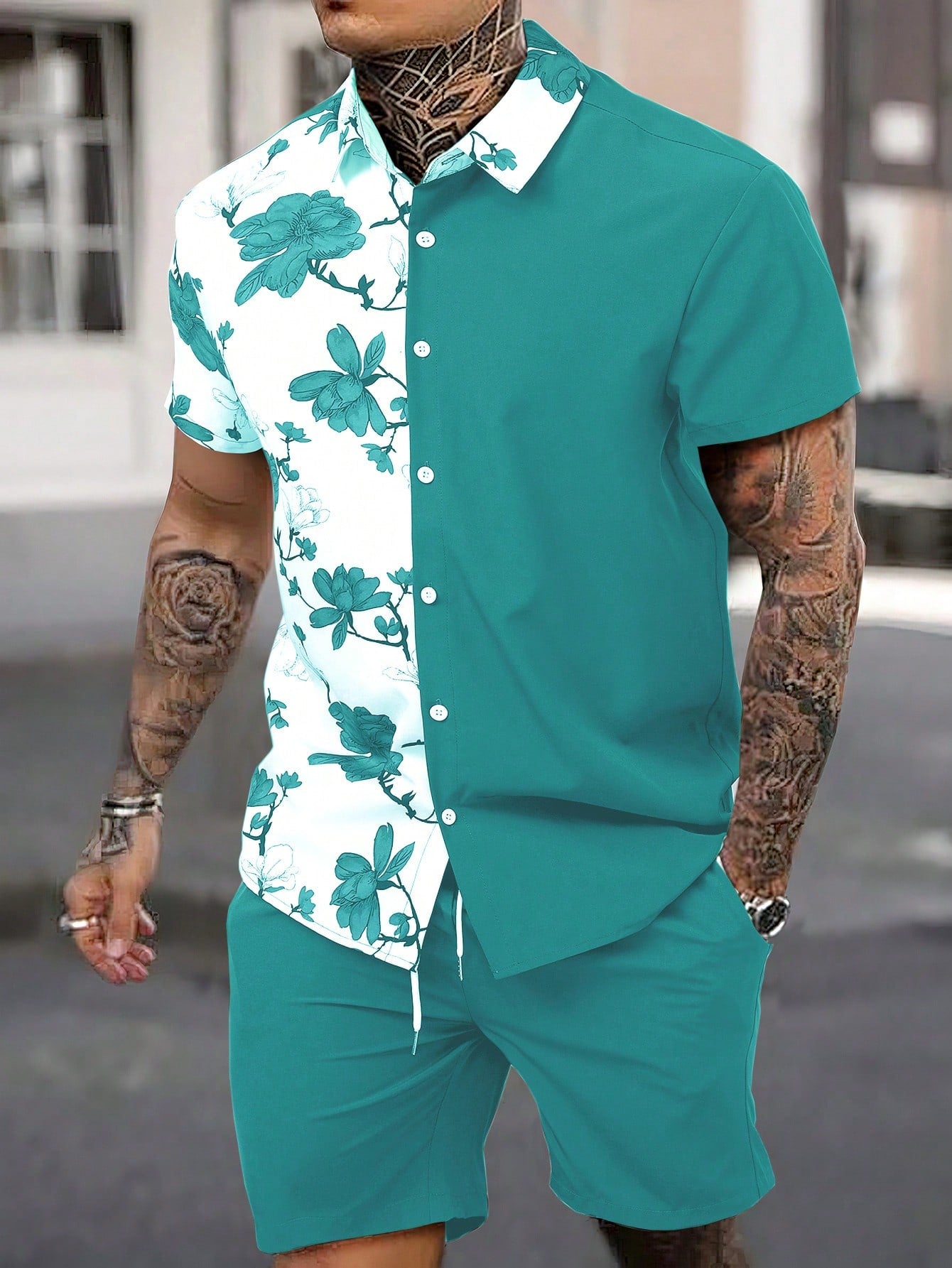 Men Floral Print Shirt & Drawstring Waist Shorts