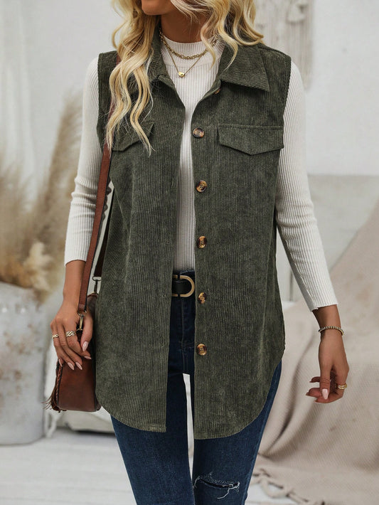 Flap Detail Button Front Corduroy Vest Coat