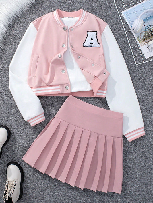 Teen Girl Baseball Jacket With Letter Embroidery And Pleated Skirt Set