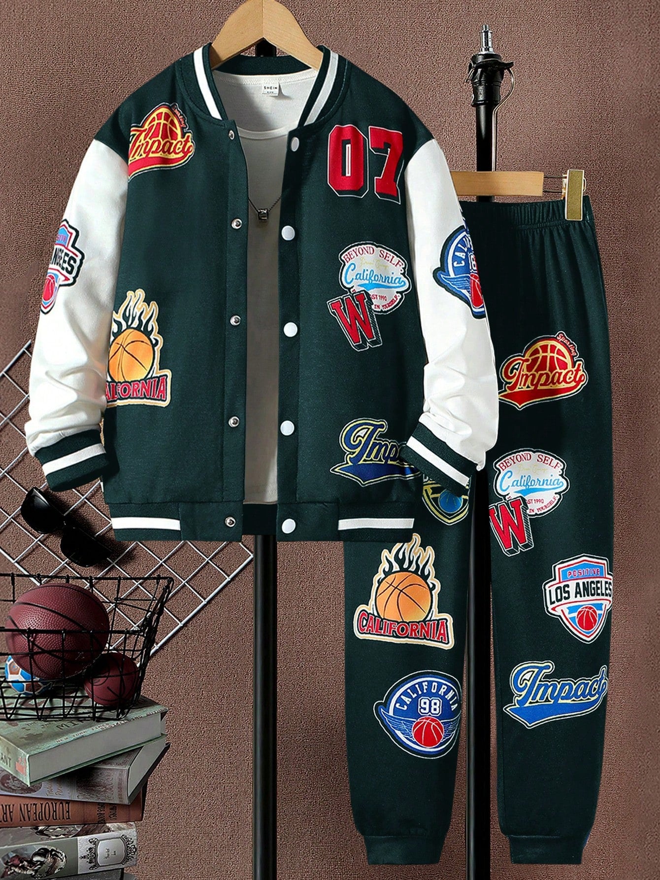 Tween Boy Letter Graphic Two Tone Varsity Jacket & Sweatpants Without Tee