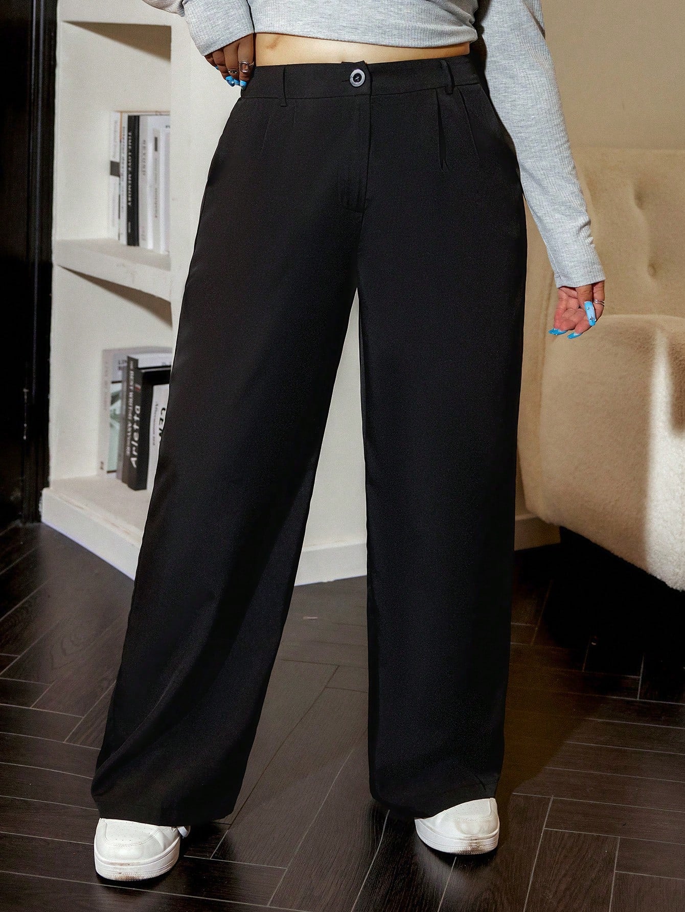 Plus Spring Plicated Detail Wide Leg Black Suit Pants