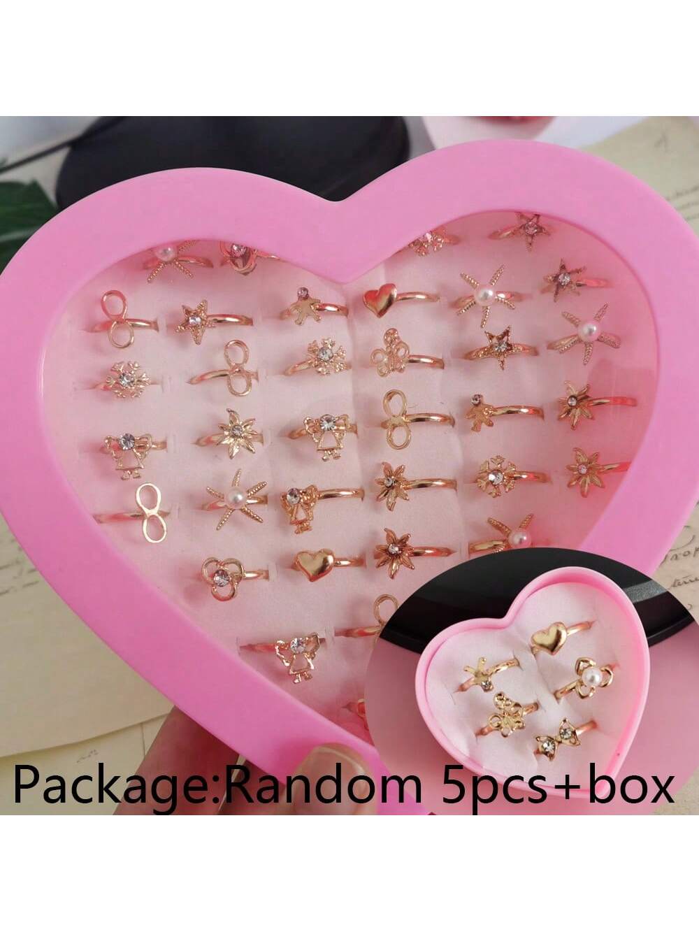 5 pcs/pack Adjustable Cute & Stylish Alloy Rings With Rhinestone & Hollow Out Detail For Children