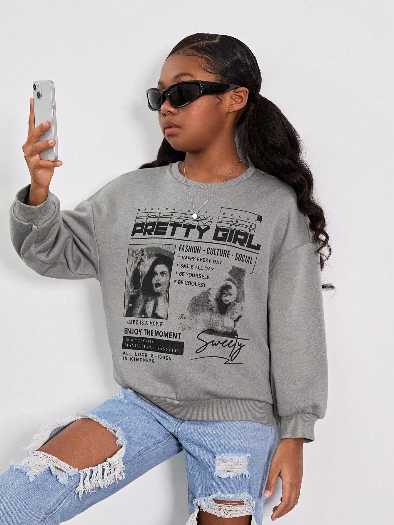 Tween Girl Slogan & Figure Graphic Drop Shoulder Pullover