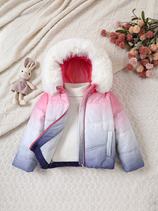 Little Girl's Raw Edge Detailed Gradient Color Hooded Puffer Coat