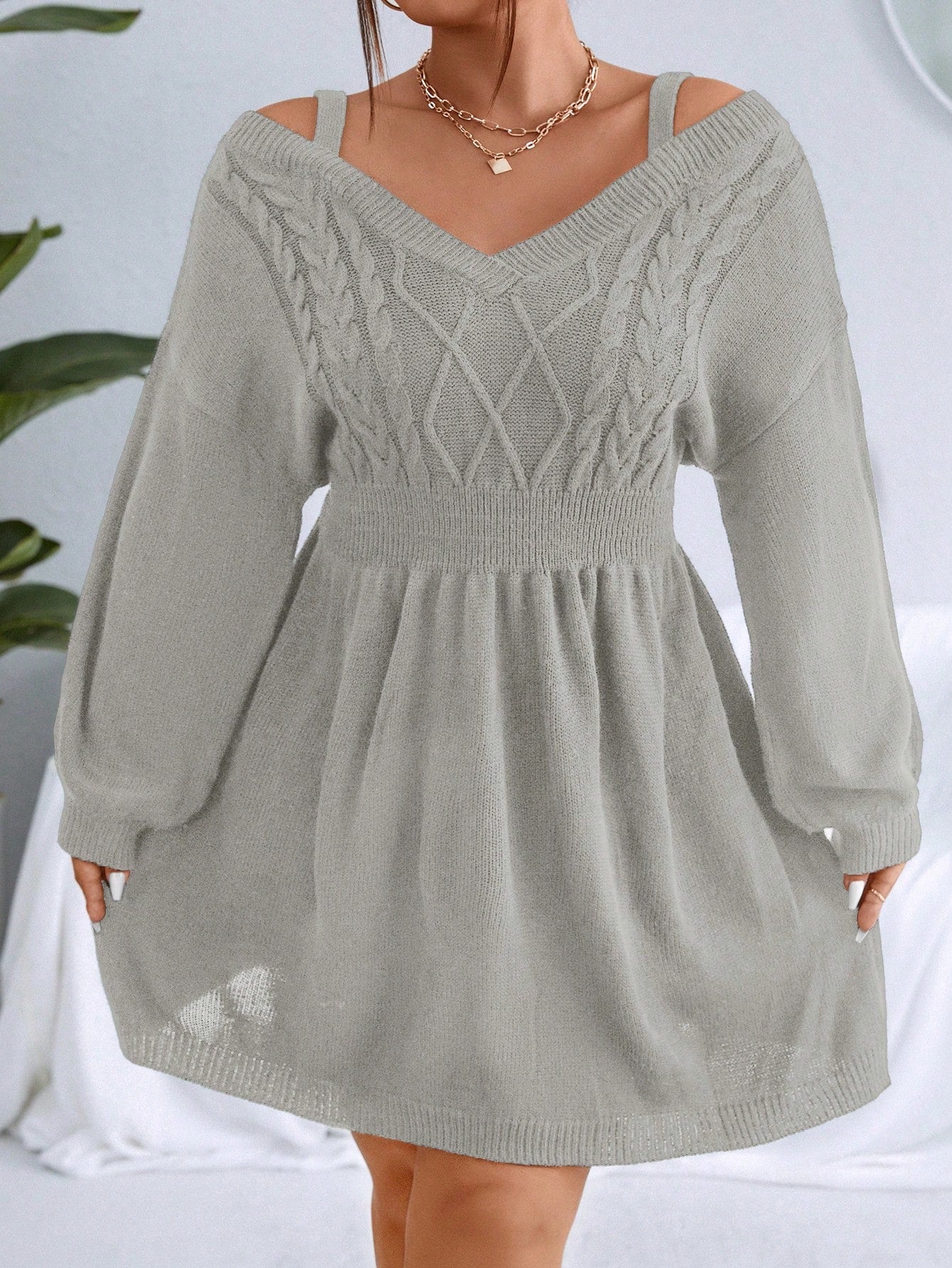 Plus Cable Knit Cold Shoulder Sweater Dress