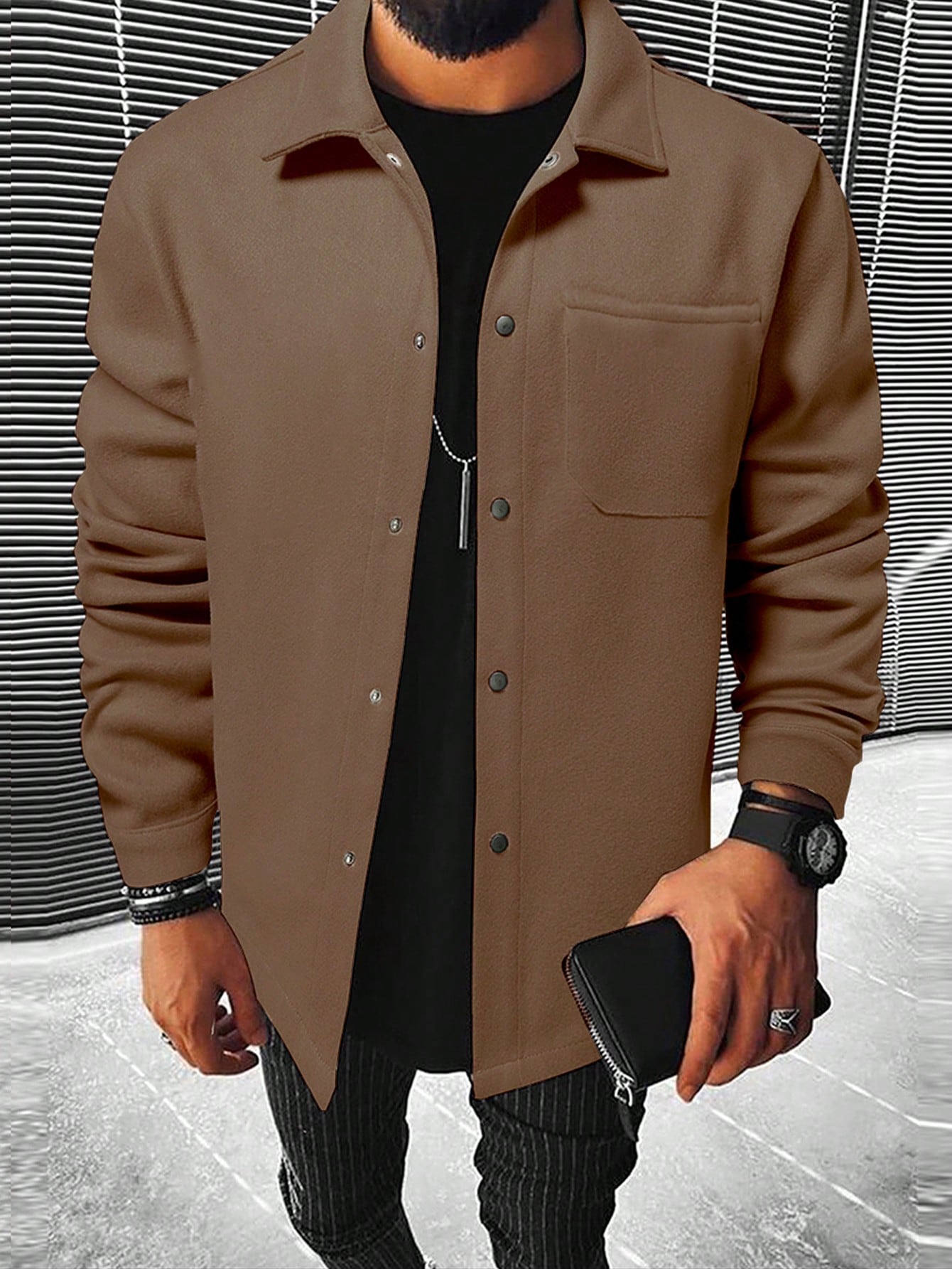 Men Solid Button Front Pocket Patched Overcoat